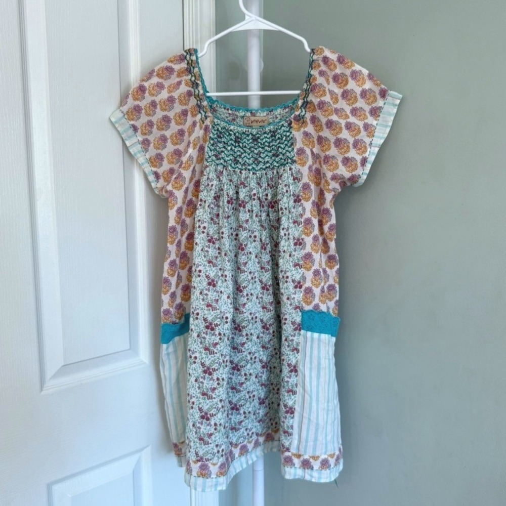 Vitivic Girls Floral Patchwork Smocked Dress Size 12 Teal Pink Bohemian Cottage